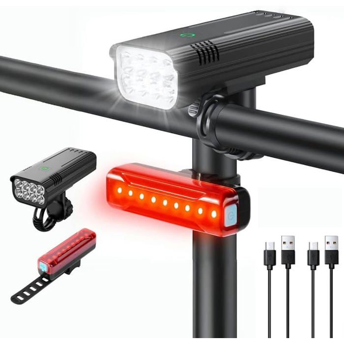 Winnertop Lampe Vélo LED Rechargeable – Set Avant + Arrière 6 Modes, USB, Étanche IPX5 Pour VTT, Ville, Camping