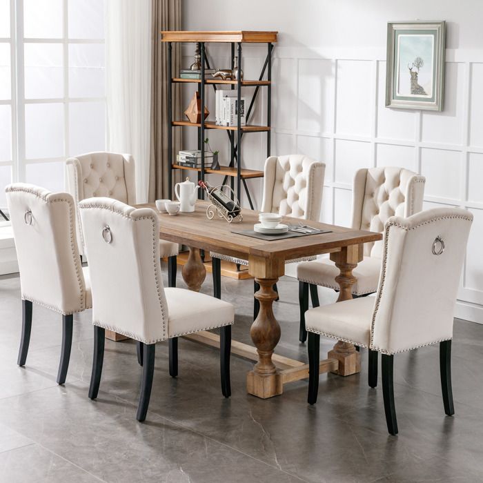Chaises de salle à manger - Ensemble de 6 - Velours beige - Pieds en chêne - Détails argentés