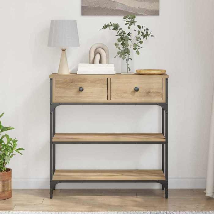 Table console avec tiroir - vidaXL - Chêne artisanal - 725x25x75 cm - Bois aggloméré et métal - Avec étagère