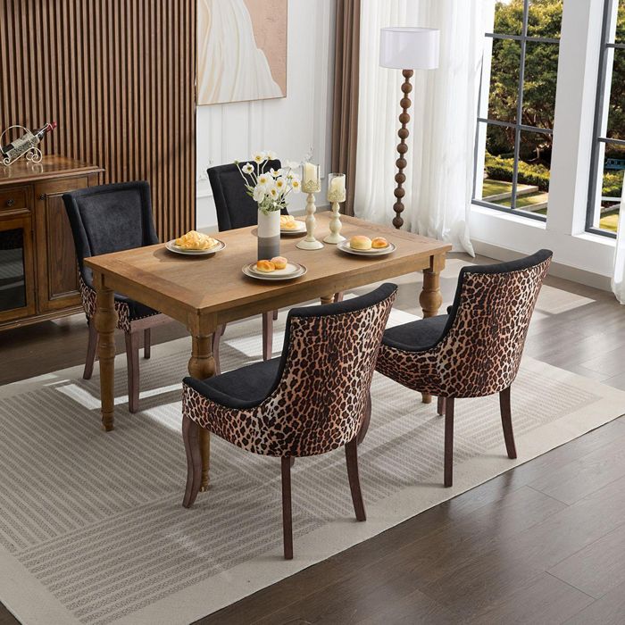 Chaise Salle à Manger Tissu Épais 2 Pcs Pieds Bois Clous Bronze Léopard