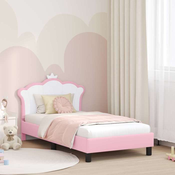 Lit enfant avec tête de lit - UU - 80x160 cm - Rose - PU - Bois dingénierie - Cadre à lattes - Poches de rangement