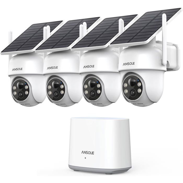 Caméra de Surveillance 2K ANSQUE WiFi Solaire Kit 4 Caméras Vision Nocturne Alarme Sonore
