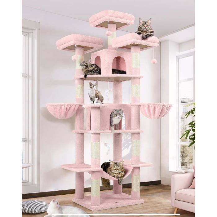 Meilleurs prix pour Arbre à chat XXL - JOZSI - Arbre à Chat Rose 204 cm 3 Perchoirs 2 Niches 2 Paniers Hamac Tour Stable Gris