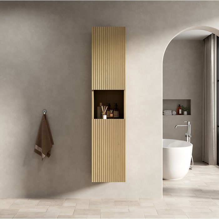 Maisentiel Colonne de salle de bain suspendue 35 x 35 x 160 cm 2 portes niche ouverte chêne doré