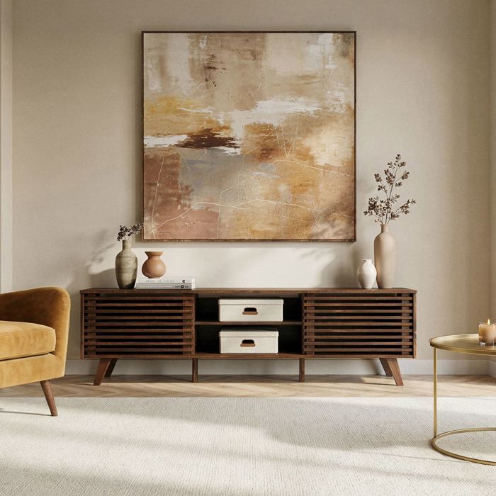 Meuble TV RIAN avec portes coulissantes et étagères ajustables 175 x 50 x 38 cm pin massif coloris noyer Meuble de salon moderne