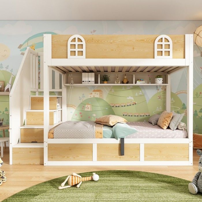 Lit Superposé Enfant 90x200cm Blanc/Naturel Escalier Penderie Rangements Barrière Sécurité Sommier Lattes Gain de Place Sans Matelas