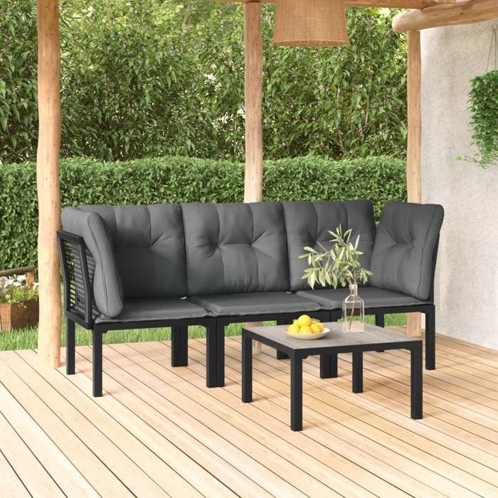 NEW 2026 Salon de jardin lot de 4 Meuble pour 3 personnes noir et gris résine tressée 55x55x31 cm S1746