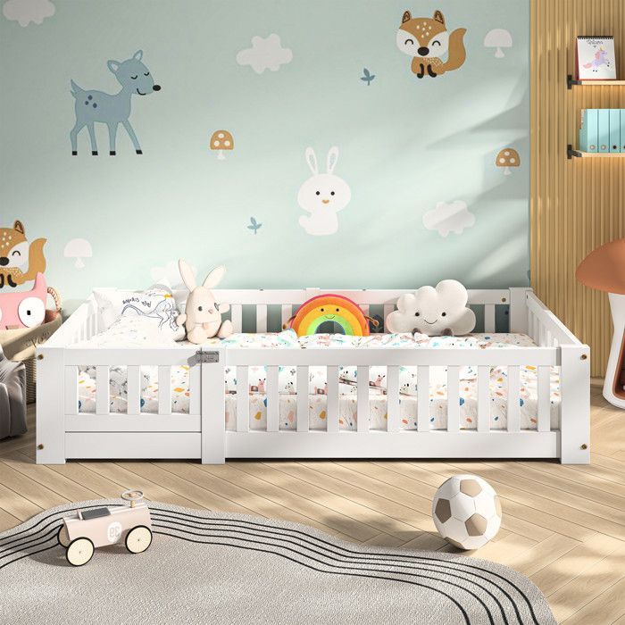 Lit évolutif 90x190cm - Lit au Sol - Lit Enfant Barrière 90x190 - Design Épuré - avec Sommier à Lattes - en Pin Massif Blanc