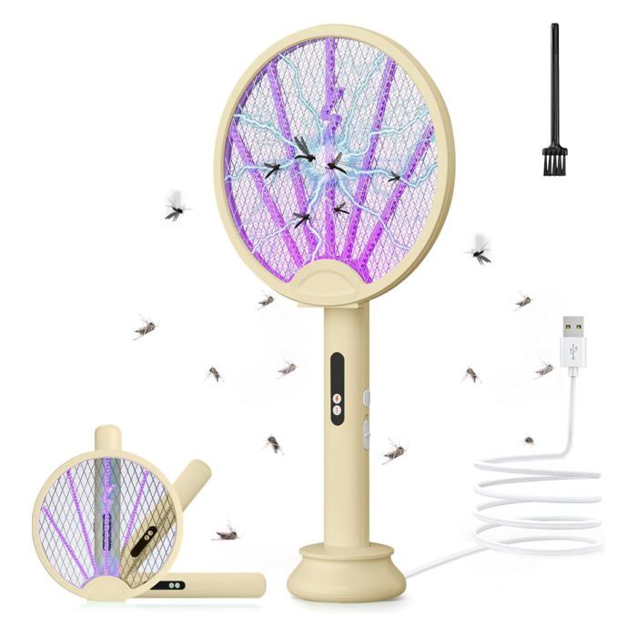 Tapette à mouches électrique 3 en 1 pliable - 3500 V - Ultra puissante - Piège à mouches - Lampe UV - Base de charge amovible(jaune)