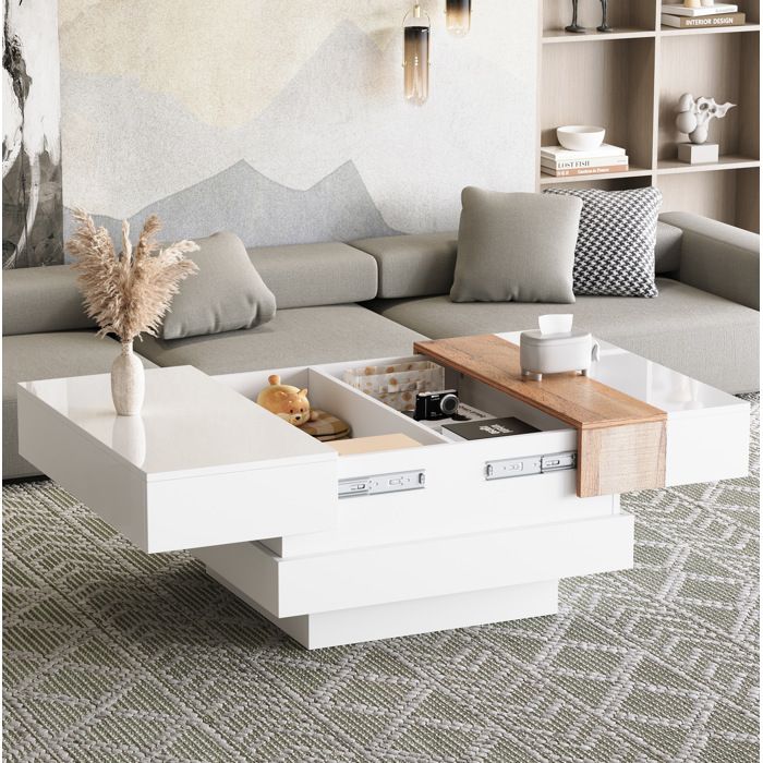 Table basse carrée blanche 70 x 70 x 39 cm plateau extensible rangement caché finition brillante