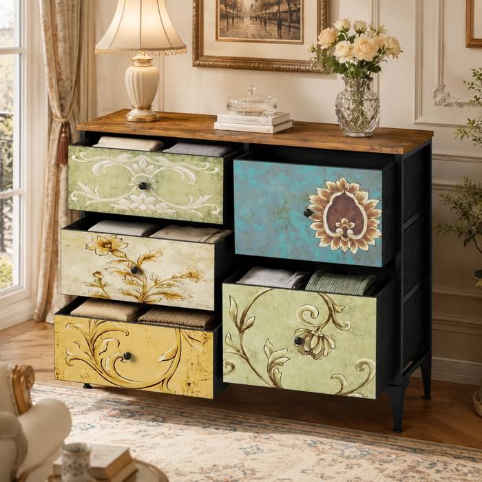 Commode 5 tiroirs - AKABER - Design Rétro Artistique - Robuste et durable -Facile à assembler-100x68x30cm-Pour SalonChambreEntréew