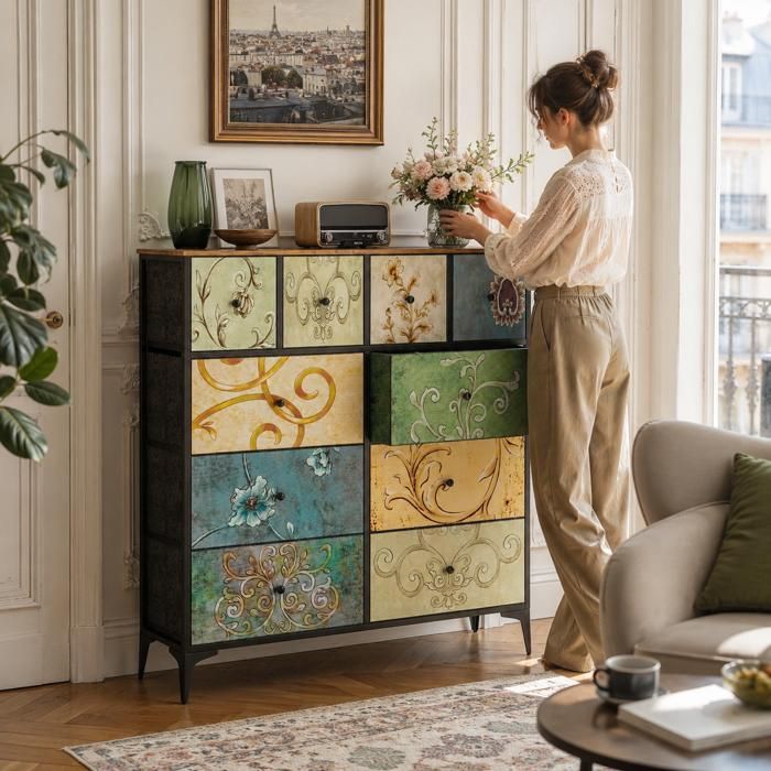 Commode 10 tiroirs - AKABER - Design Rétro Artistique -Robuste et durable-Facile à assembler-106x100x30cm-Pour SalonChambreEntréew