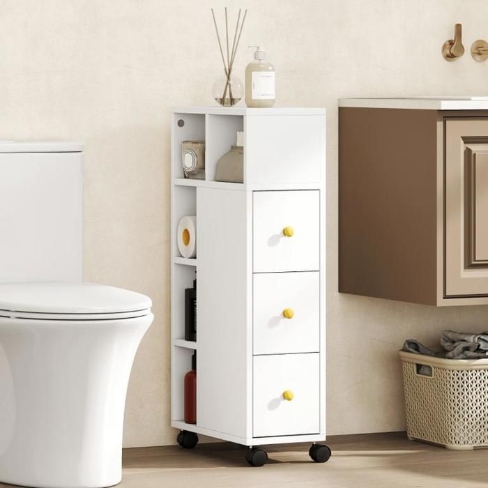 Meuble de salle de bain étroit meuble à roulettes 3 tiroirs 5 compartiments ouverts 20 x 40 x 80 cm blanc