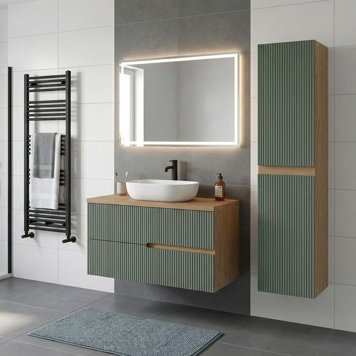 Ensemble meuble vasque à poser L.100cm + 1 colonne suspendu Chêne naturel 2 tiroirs Vert sauge cannelé EVA Ensemble meuble vasque à poser L.100cm + 1 colonne suspendu Chêne naturel 2 tiroirs Vert sauge cannelé EVA