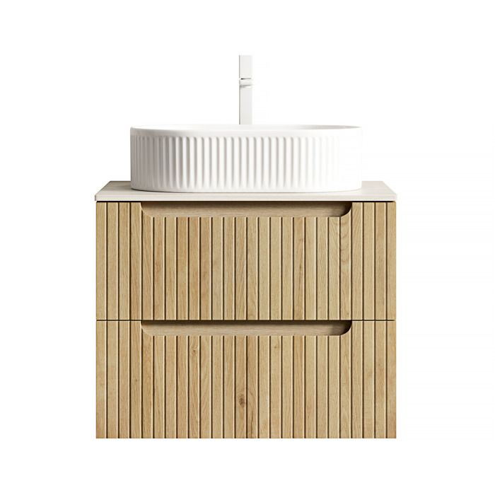 Meuble sous vasque suspendu 60 cm - Vasque ovale en céramique - 2 tiroirs - Chêne clair