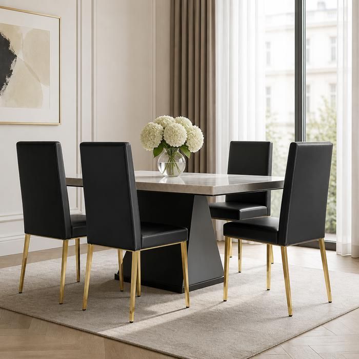 Lot 4 chaises - Zephmum - PU noir pieds doré brillant