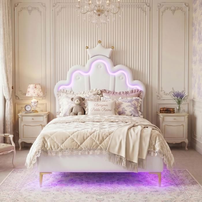 Lit enfant 90x200 avec LED Lit fille 90x200 cm avec décor couronne Lit princesse fille Sommier à Lattes Lit Simple PU Blanc