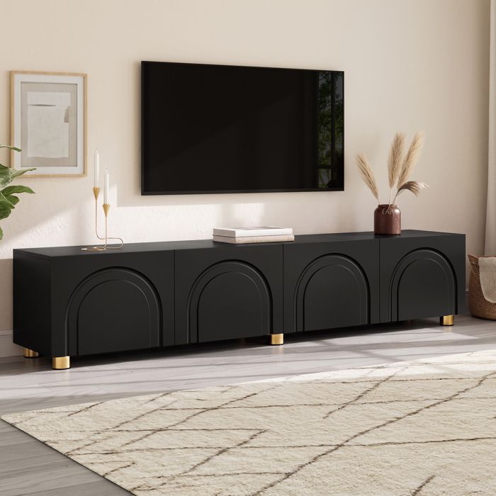 Meuble TV bas noir 180 x 35 x 40 cm avec 4 portes à relief d’arc 3D et pieds métalliques
