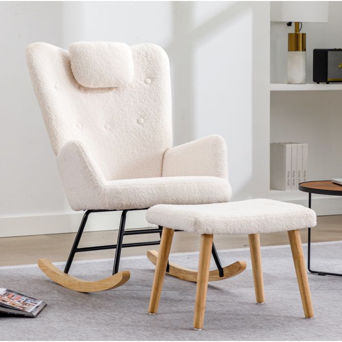 Fauteuil À Bascule Blanc En Tissu Teddy Avec Têtière Et Repose Pieds En Bois Massif Style Campagne Moderne 100 Kg