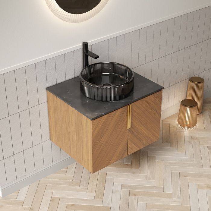 MEULVA Meuble sous vasque suspendu 61 cm avec vasque ronde en verre noir transparent 2 portes chêne brun