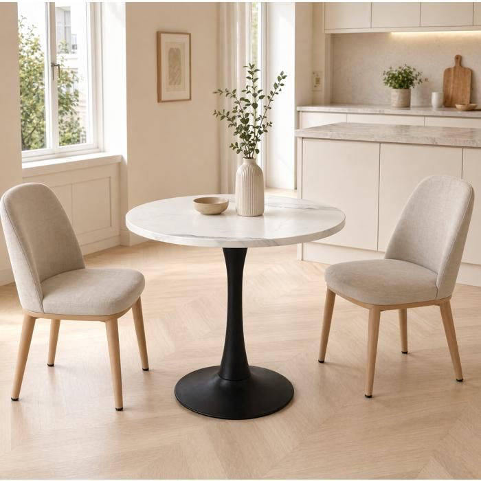 JOINERY Table À Manger Ronde 80 Cm Effet Marbre Blanc Piètement Central Noir MDF Métal 2 À 4 Personnes Cuisine