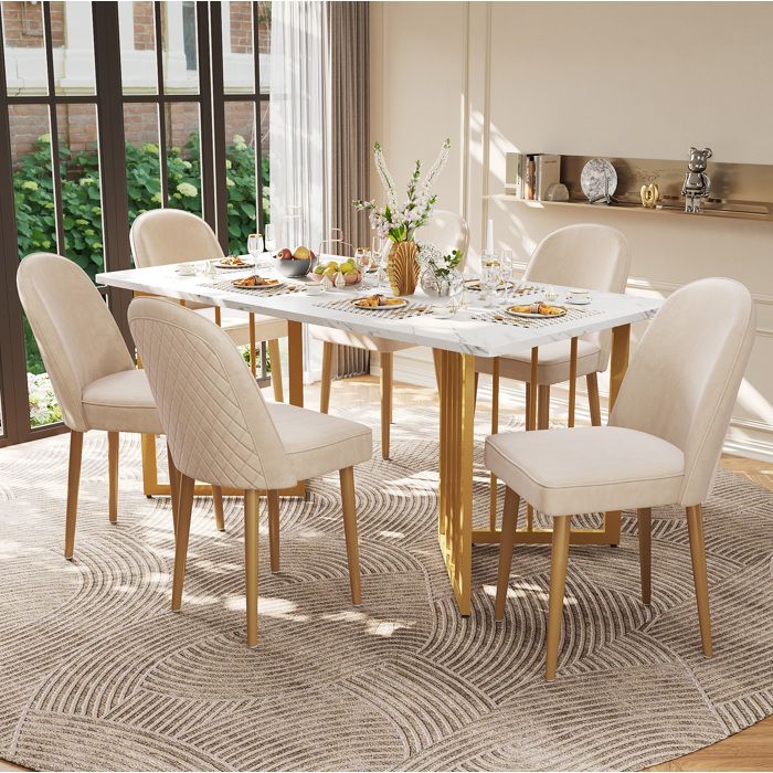 Chaise de salle à manger lot de 6 en velours beige dossier courbé ergonomique pieds métal doré ORVRYN