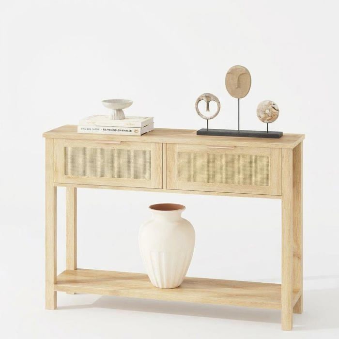 Console boho rotin 2 tiroirs 2 étagères naturel grand rangement montage facile entrée salon couloir