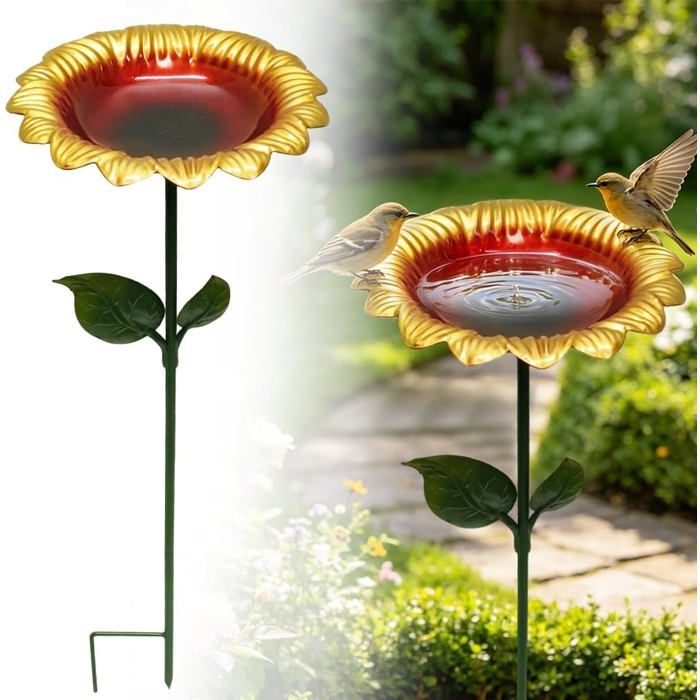 Abreuvoir tournesol pour oiseaux  - Design floral en tournesol - Métal haute densité - Dimensions 20x20x64 cm