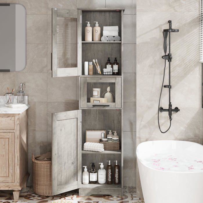 Koioplie Meuble Salle de Bain Haut 170cm - Armoire de Rangement Étroite 5 Compartiments Étagères Réglables Style Gris
