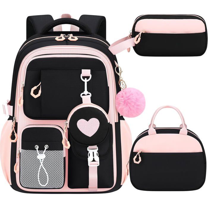 XJYDNCG 3Pcs Cartable Fille Primaire Sac à Dos Scolaire Grande Capacité Étanche Multi‑poches pour Collège Lycée - Noir Rose