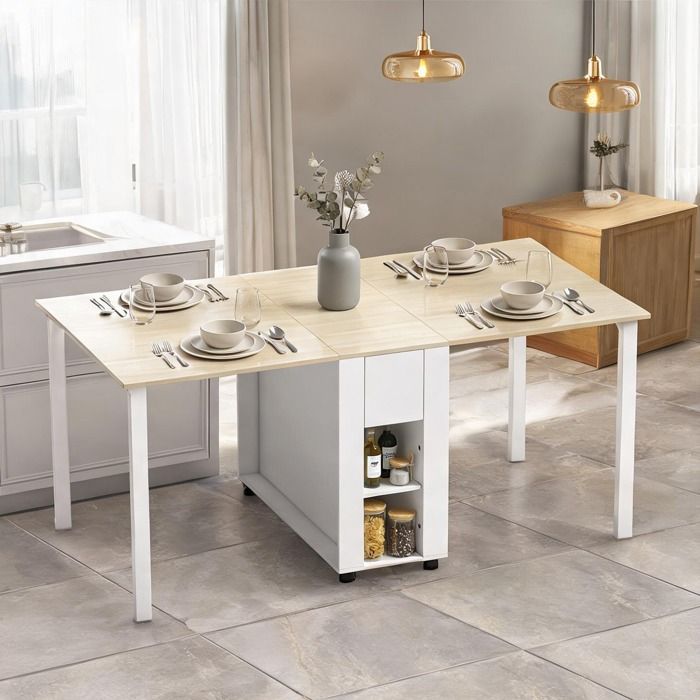 Table à manger pliante 3 positions avec rangements MDF et pin massif pour 6 personnes