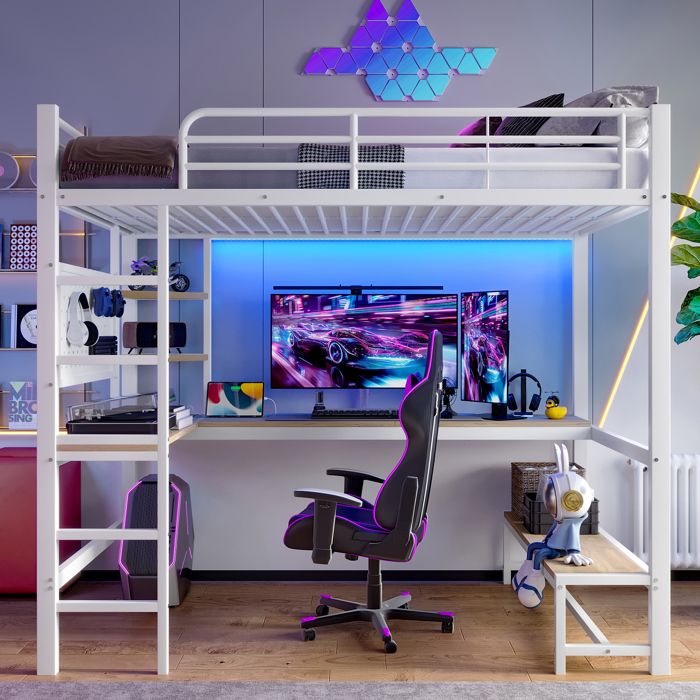 Lit mezzanine avec bureau 90x200 métal blanc avec LED étagères panneau perforé et prise USB lit surélevé ado adulte