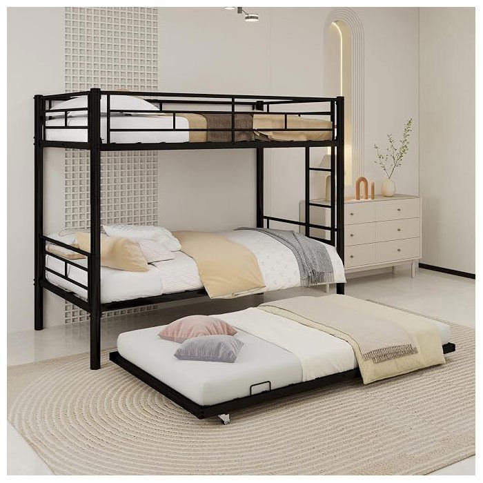 Lit superposé 3 place métal noir – 90x190 cm – échelle antidérapante – barrières de sécurité – sans matelas – 200 kg