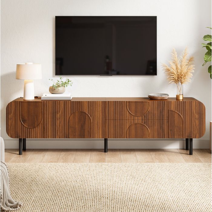 Meuble TV walnut 180 x 40 x 47 5 cm 3 portes 2 tiroirs passages de câbles pieds métal MDF