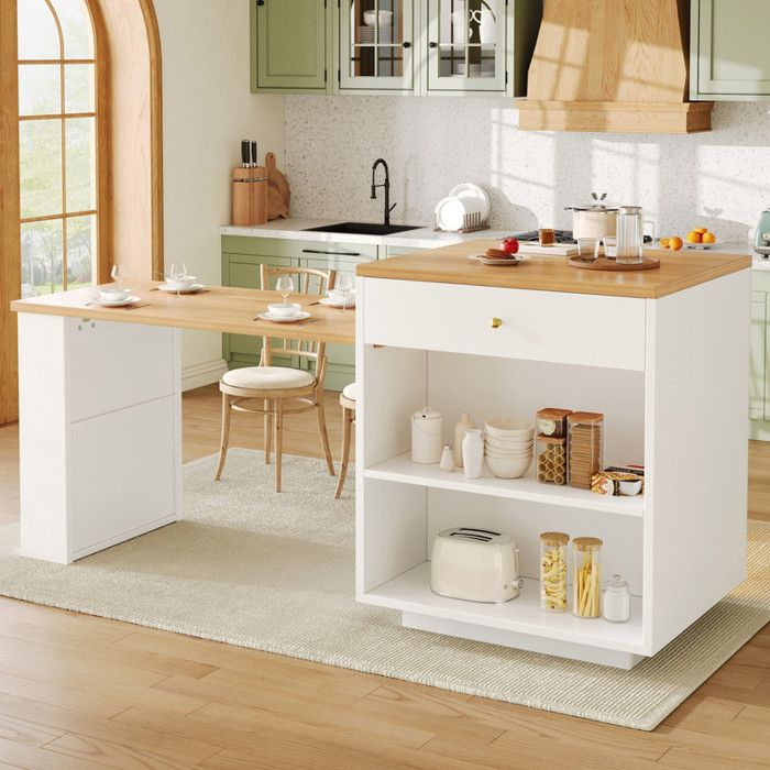 Zitty Îlot Central Extensible 122-195cm avec LED RGB et Tiroirs Meuble Bar Cuisine en Bois et Verre Blanc