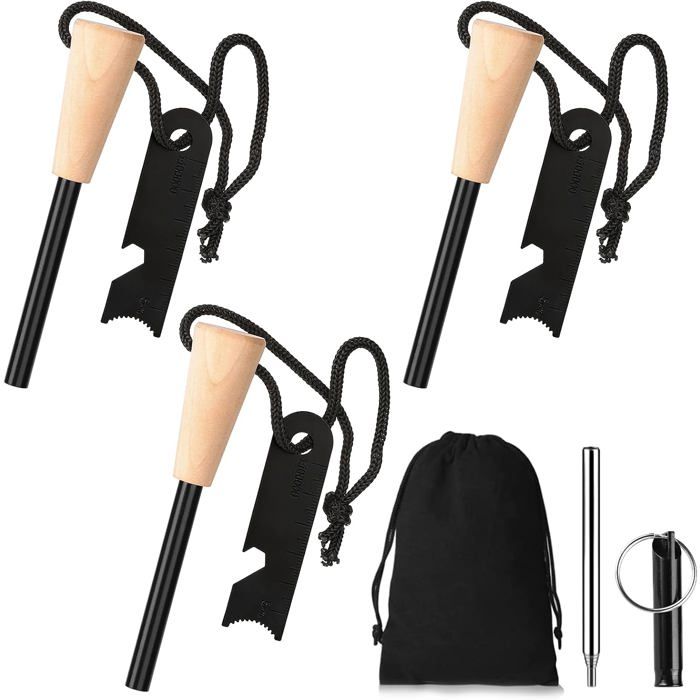 Pierre à feu 3PCS Allume Feu Survie Kit de Survie Firesteel avec Silex de Survie Lanière de Cou Grattoir Multi-Outils Sifflet