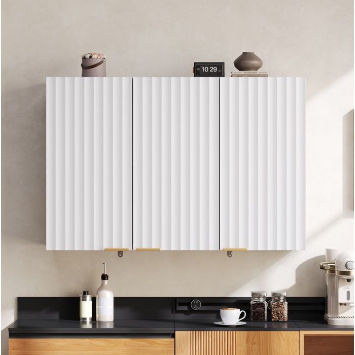 ROVRYN Meuble haut de cuisine mural 3 portes 90 x 29 x 60 cm MDF blanc façades ondulées