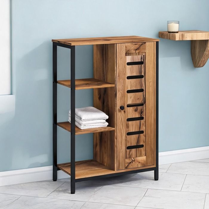 Meuble de salle de bain en bois aspect chêne avec structure acier et rangement ouvert 60x30x85 cm