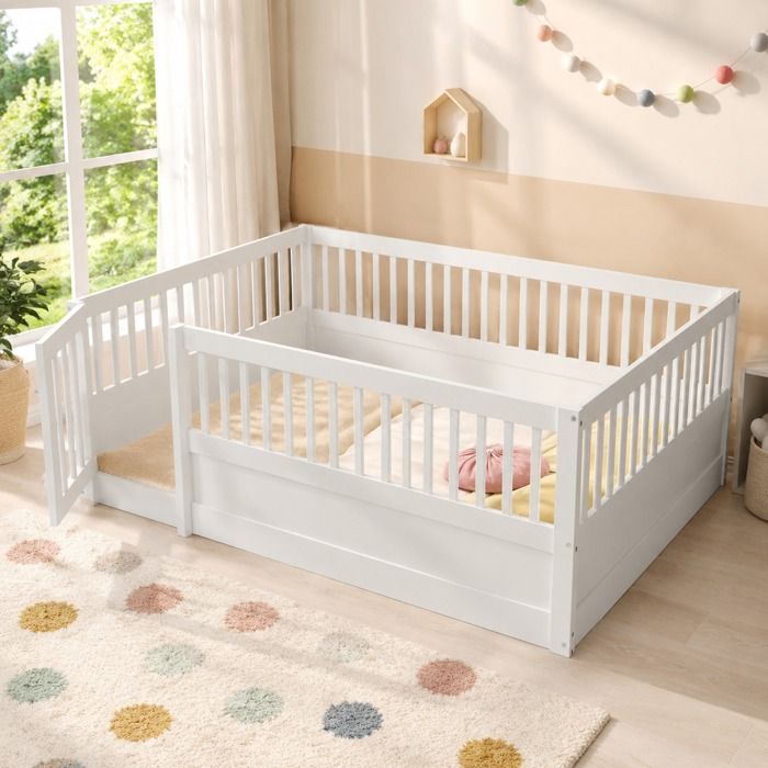 Lit Enfant 140 × 200 cm avec Barrières et Porte Bois Blanc Sans Matelas Lit au Sol pour Enfant - MEUVYX