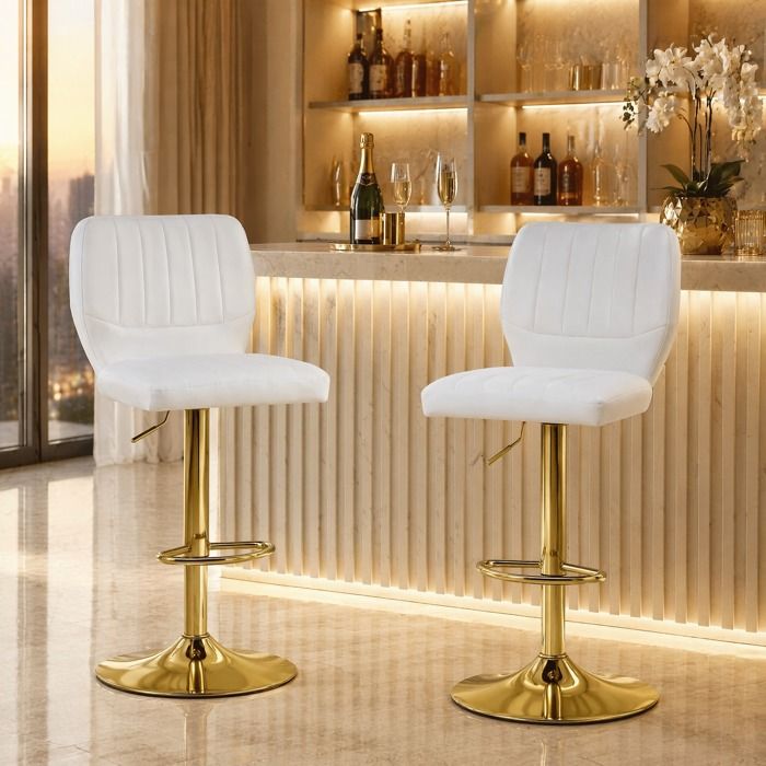 COVREO Lot de 2 tabourets de bar blanc et or réglables 62-83 cm pivotants avec dossier