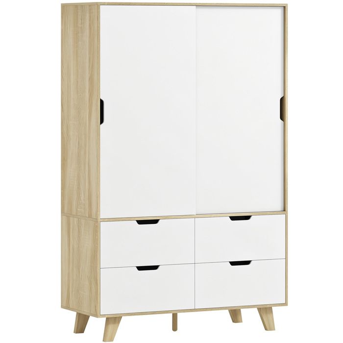 Armoire penderie - HOMCOM - 2 portes coulissantes 4 tiroirs étagères réglables - bois - 120x50x187 5cm - chêne et blanc Armoire penderie - HOMCOM - 2 portes coulissantes 4 tiroirs étagères réglables - bois - 120x50x187 5cm - chêne et blanc