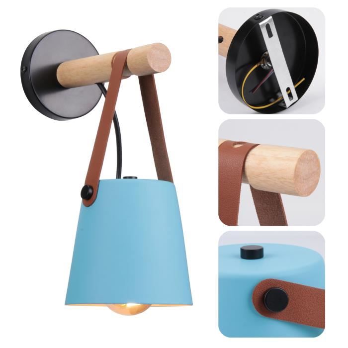 MOGOD Applique Murale Nordique Lampe Murale Suspendue Macaron Bleu Lampe de Chevet Moderne en Fer Forgé Bois Ceinture