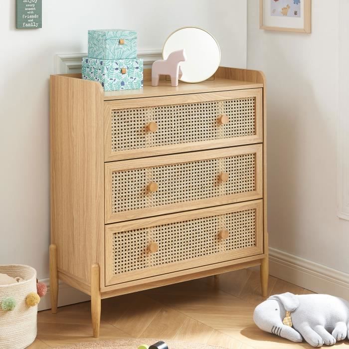 Commode enfant - BAÏTA - Gamme PABLO - 3 tiroirs - Effet chêne - Cannage rotin Commode enfant - BAÏTA - Gamme PABLO - 3 tiroirs - Effet chêne - Cannage rotin