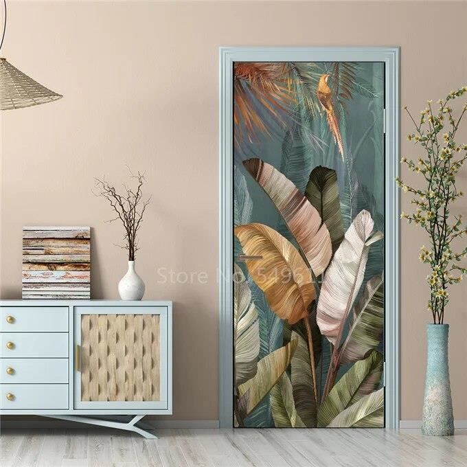 Stickers Déco Pour Porte 88x200 Cm - Motif Feuilles Palmier 3D - Autocollant PVC Amovible Pour Salon, Chambre, Cuisine - 6