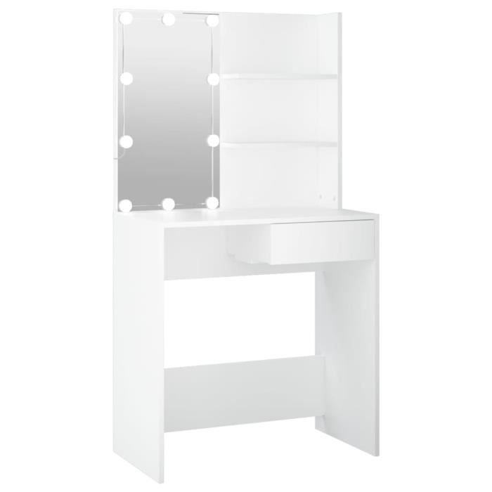 Coiffeuse LED Blanc - Bois dingénierie - Rangements inclus - 745x40x141 cm