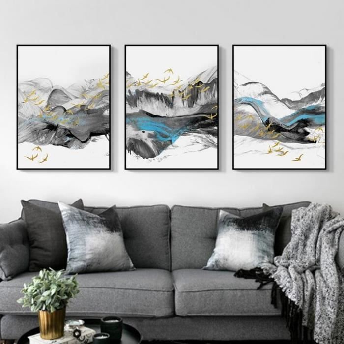 Abstrait bleu montagne oiseau vol paysage peinture art toile mur  illustration pour salon poster 3 pièces pas de cadre poster - Achat / Vente  objet décoration murale - Cdiscount