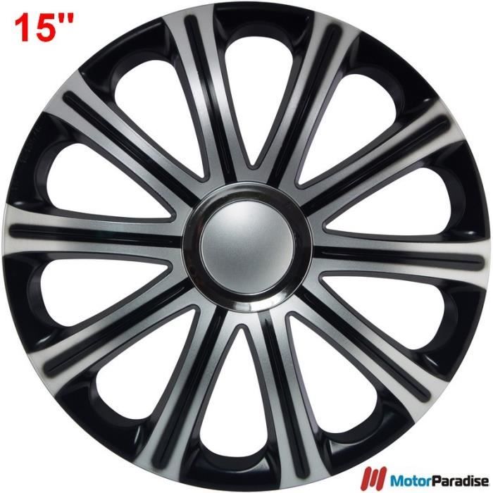 WRC - Lot De 4 Enjoliveurs 15 Pouces Turbo Bicolore Gris/Noir Mat - Look Sportif Ultra Tendance