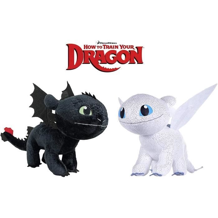Peluche Dragons - How to Train Your Dragon - Pack 2 Peluches Furie Blanche + Toothless Night Fury Noir - Qualité