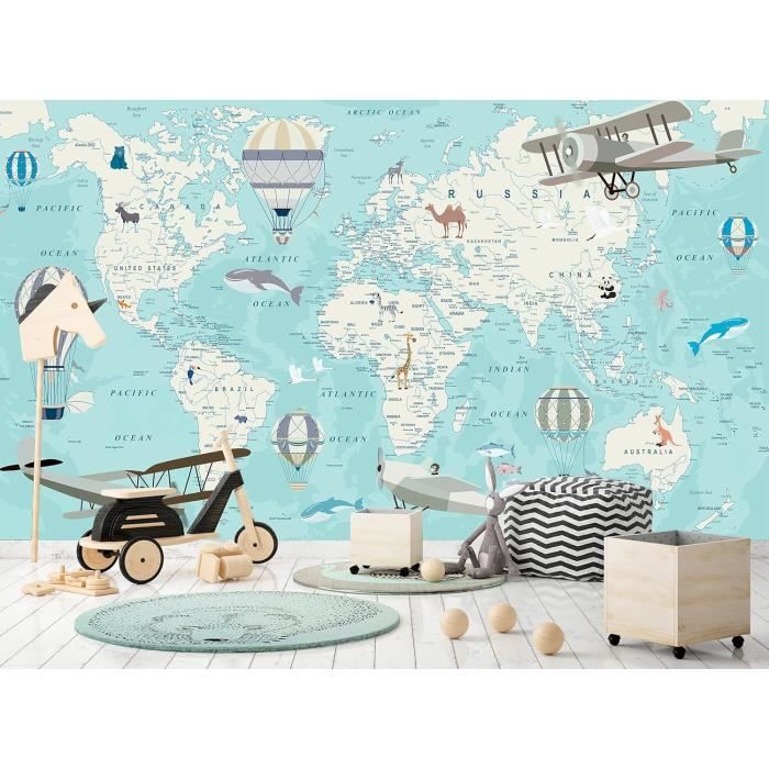 Papier peint mural - Ocan - Carte du monde avec animaux - 400x280cm ...