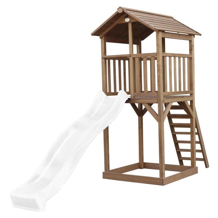 Tour de jeu AXI Beach Tower avec toboggan et bac à sable en bois marron et blanc pour enfants de 6 ans et plus